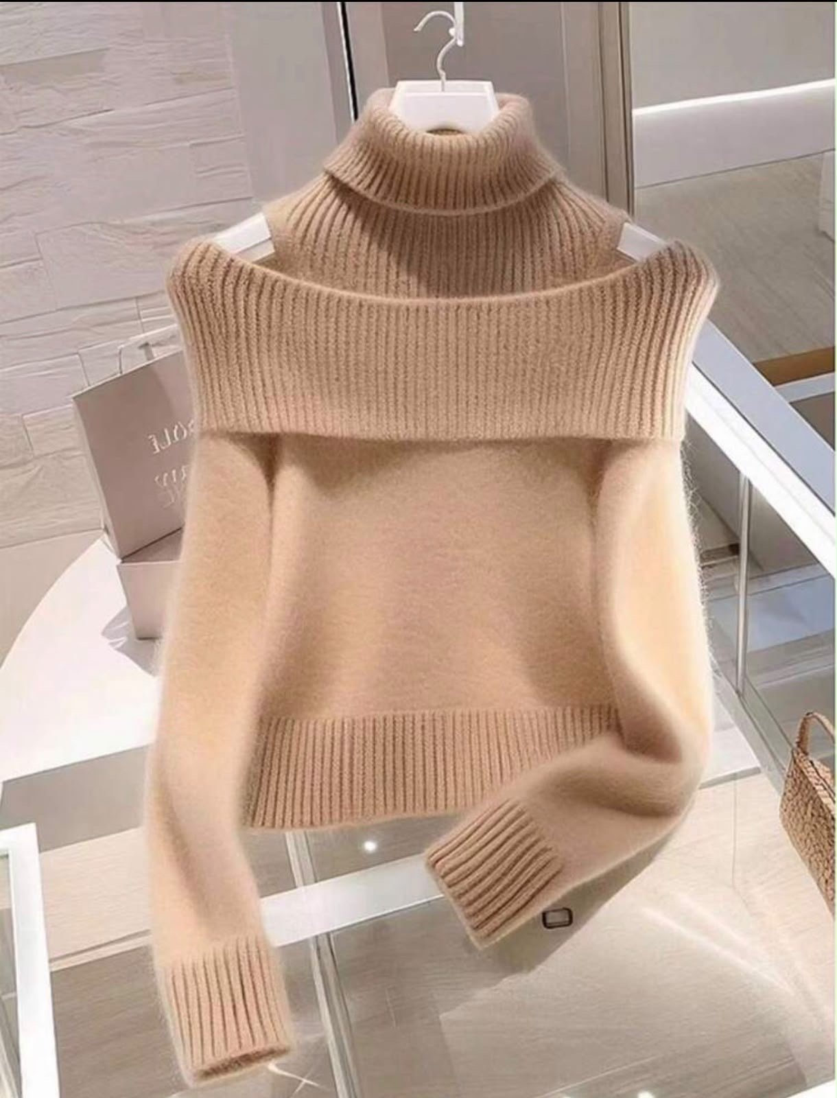 Cold-shoulder turtleneck sweater in Camel